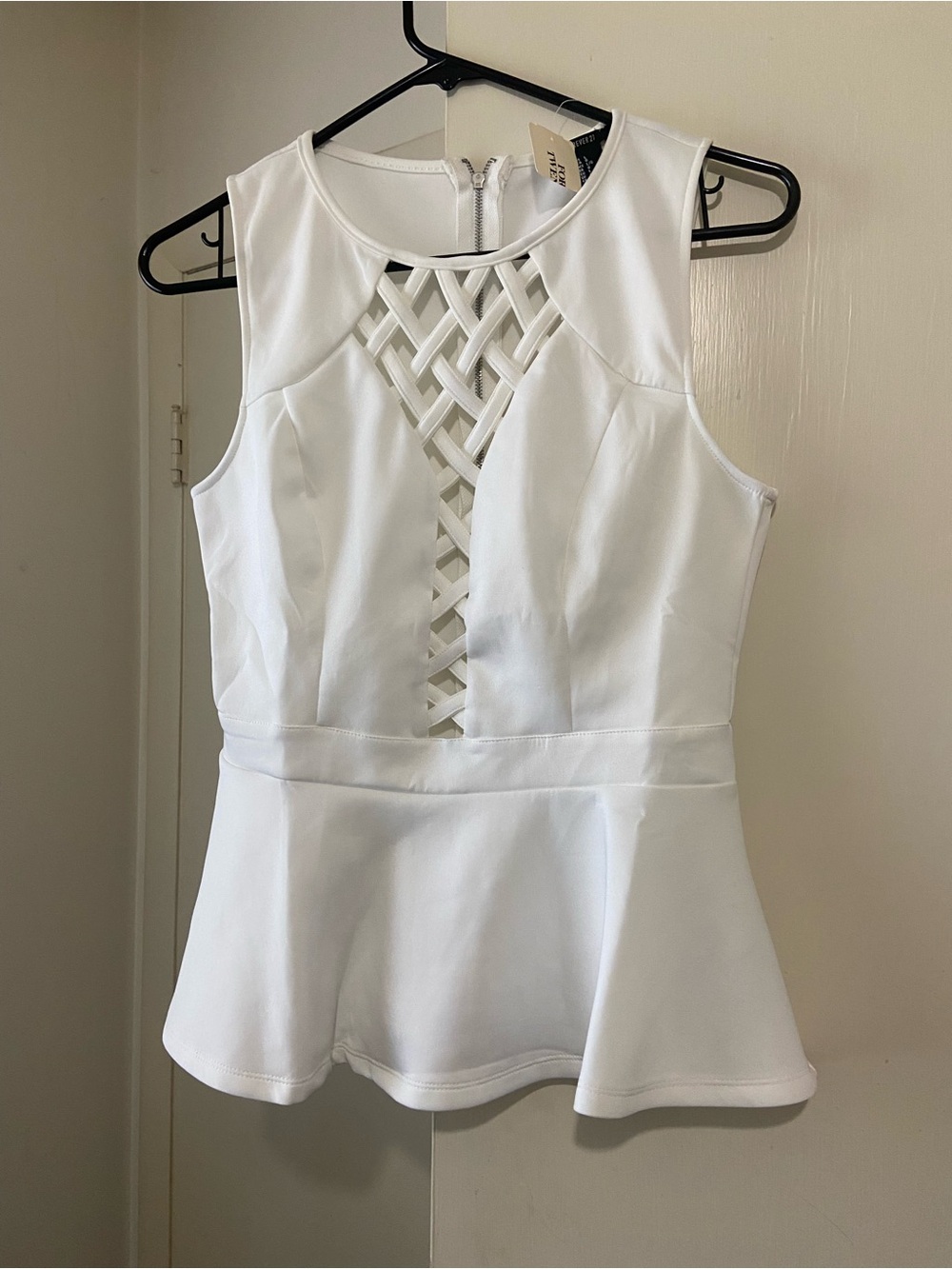 Forever 21 White Sleeveless Peplum Camisole with Lattice Front